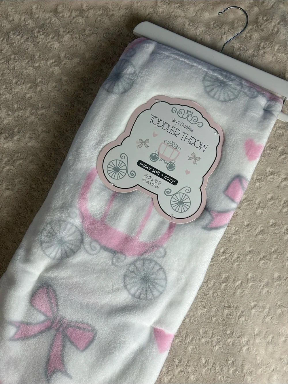 Soft Cuddles Toddler Throw Baby Blanket Princess Carriage Pink Bow White Gray